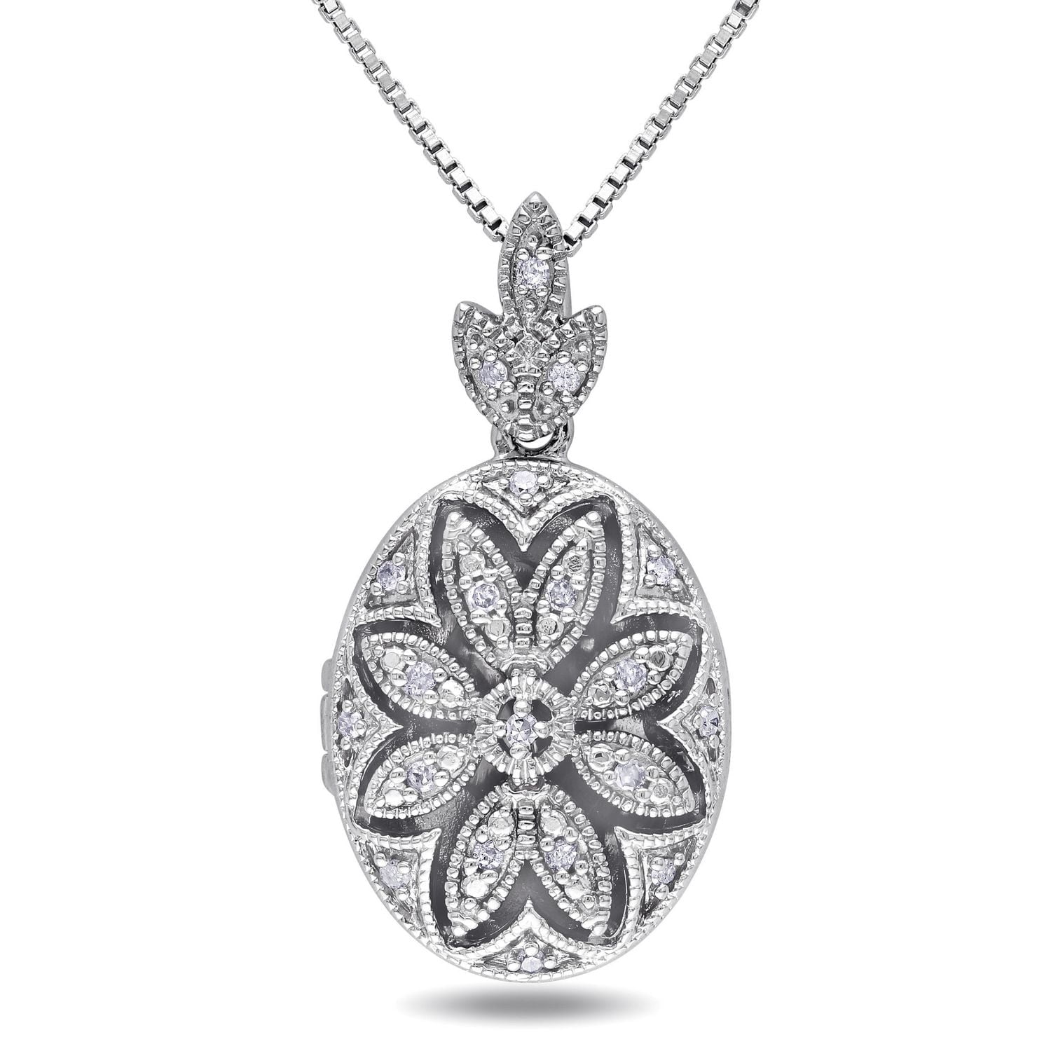 Médaillon floral Miabella avec accents de diamants en argent sterling, 18 po