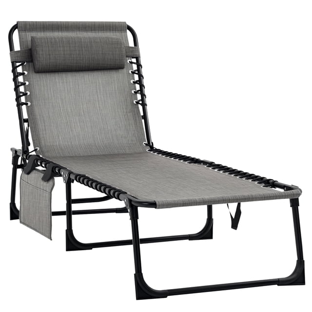 Outsunny Chaise Longue Pliante en Gris Mélangé avec Conception Inclinable et Dossier Réglable Offrant 5 positions Verrouillables. Dotée d'Un Siège en Tissu Maillé Respirant Soutenu par des Élastiques, d'Un Appui-Tête Rembourré Amovible Qui Fait Aussi Office de Soutien Lombaire, et d'Une Poche Latérale pour Ranger de Petits Articles. la Chaise a un Cadre Robuste en Acier Enduit de Poudre avec une Capacité de Poids de 264 Lb (120 kg). Elle Est Pliable pour un transport et un Rangement Faciles, Ce Qui la Rend Idéale pour une Utilisation Extérieure sur les patios, Terrasses Ou à la Plage. les Dimensions Sont de 74,4 Pouces de long, 22,8 Pouces
