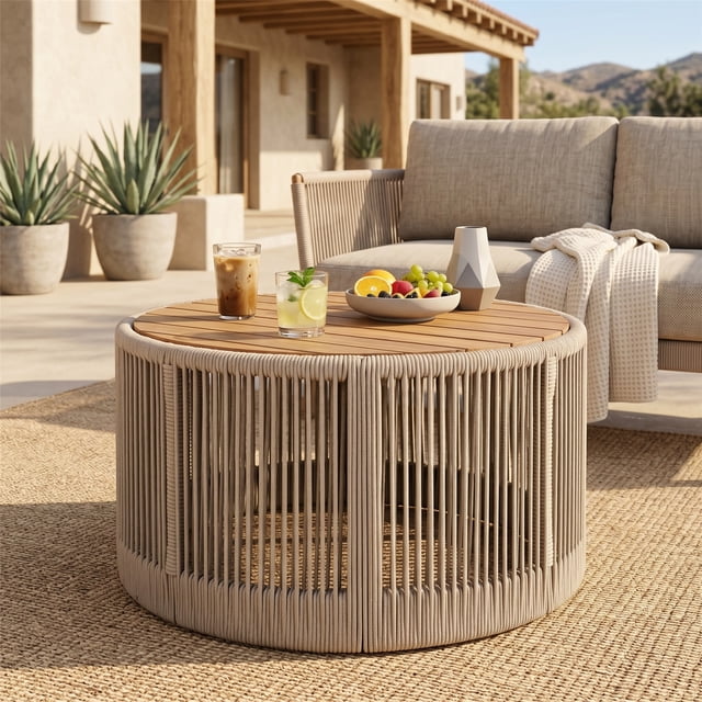 Outdoor Rattan Rope & Acacia Wood Coffee Table - Patio Balcony Furniture For Garden, Yard, Balcony - Weather Resistant,Natural