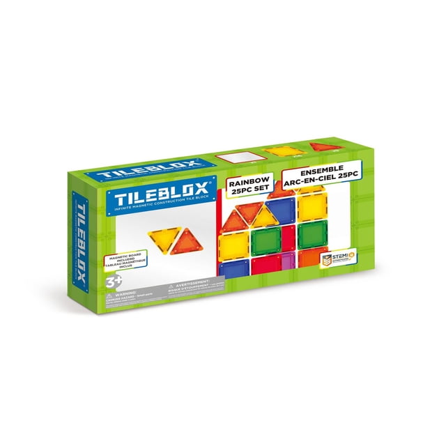Tileblox Rainbow 25-Piece Set magnetic blocks in a green box featuring colorful square and triangle tiles with a magnetic board included, designed as a STEM building toy for children aged 3 and up.