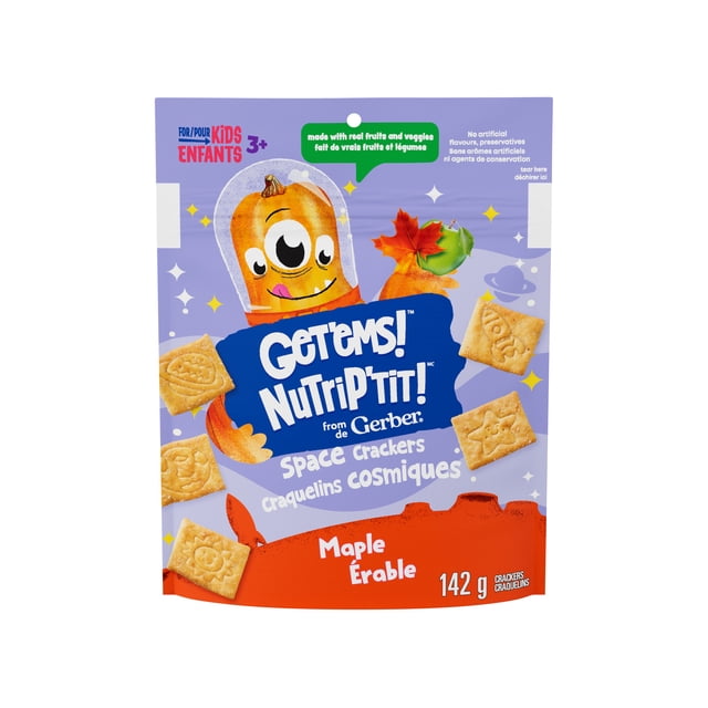 GERBER Get'ems Maple Space Crackers, Made With Real Fruit & Veggies front-facing pack showing small cosmic-shaped maple-flavoured crackers with visible crunch, labeled for kids 3+, lunchbox-ready; made with real fruits and veggies and no artificial flavours or preservatives. Often used as a preschool or travel snack.