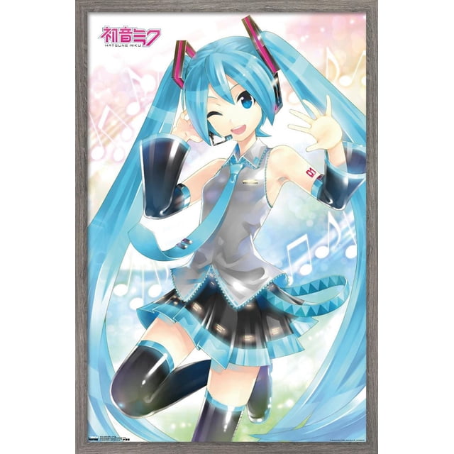 Hatsune Miku - Affiche Murale Ondulante, 22,375 Pouces x 34 Pouces, Représentant le Personnage d'Anime avec de Longues Queues Jumelles turquoise Portant un Haut Argenté Sans Manches avec accents Bleus et Cravate, une Jupe Plissée Noire et Bleue, et des Cuissardes Noires, Posée avec une Main Levée sur un Fond pastel avec des notes de Musique, Encadrée en Bois Clair, Idéale pour la Déco de Chambre Ou de Bureau.