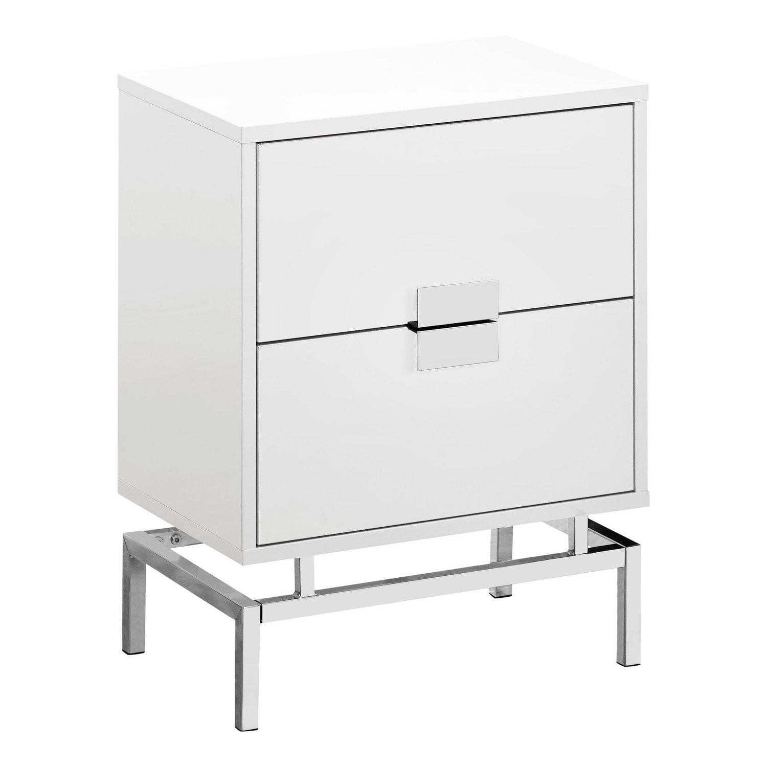 Monarch Specialties  Table D'appoint, Coté, Bout, Table De Nuit, Lampe, Tiroir De Rangement, Salon, Chambre À Coucher, Stratifié Blanc Brillant, Métal Chromé, Contemporain, Moderne