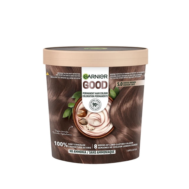 Garnier GOOD Permanent Hair Dye in 5.0 Coffee Brown shade, featuring a 90% natural origin, ammonia-free formula that provides 100% grey coverage and up to 8 weeks of long-lasting colour with a vegan, creamy formula.