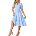 thumbnail image 4 of INSPIRE CHIC Women's Gingham Dress Summer Ruffle Trim V Neck Button Decor Flowy Midi Dresses S Blue, 4 of 6