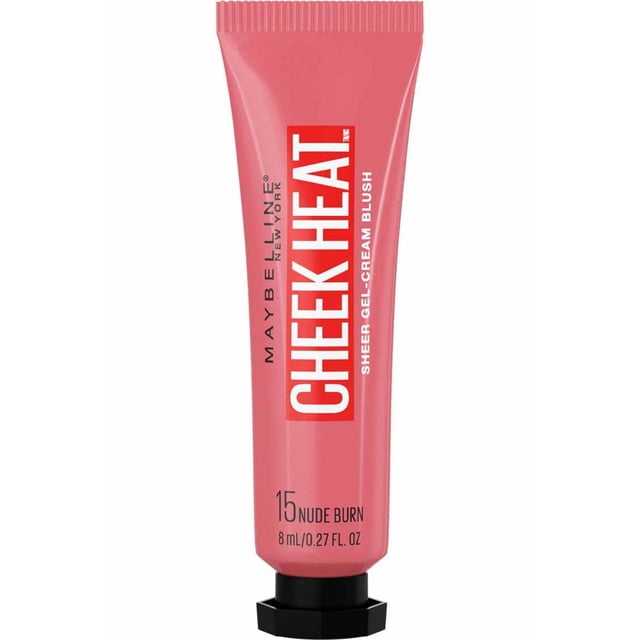 Maybelline New York Cheek Heat Sheer Gel-Cream Blush in 15 Nude Burn, 8 ml tube with a pink body and black hexagonal cap, featuring a lightweight, buildable gel-cream formula for a natural flushed cheek tint.