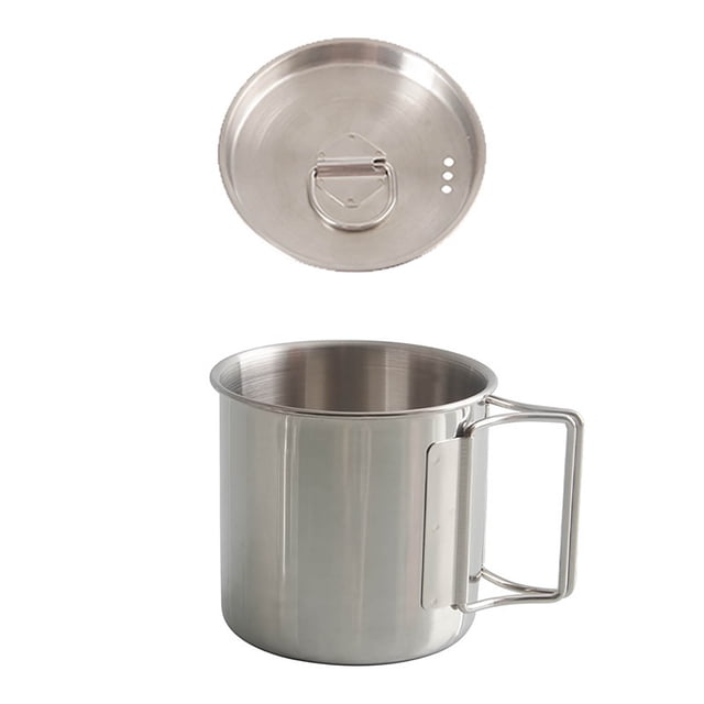 Tasse de Camping en Acier Inoxydable de Qualité Alimentaire pour Usage Extérieur avec Couvercle et Poignée Pliable - Tasse à Café Durable et Légère pour la Randonnée et les Pique-Niques