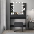 thumbnail image 3 of BeesClover Modern Vanity Table with LED Lights Mirror, Dimmable Three-Mode Lighting, 2 Drawers & 6 Shelves， Power Outlet, Hair Dryer Holder & Adjustable Upholstered Stool for Bedroom, 3 of 8