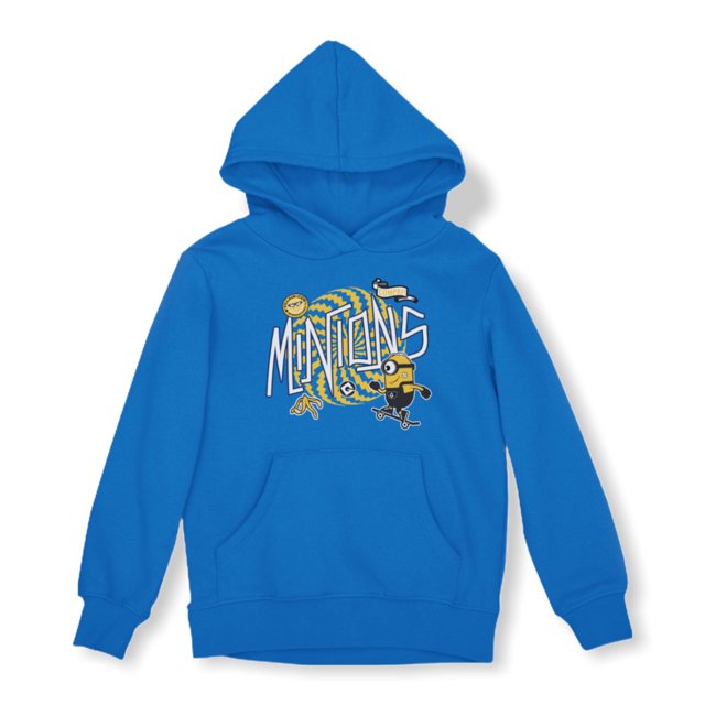 Chandail à Capuchon à Manches Longues pour Garçon Minions/DME avec Pochette, Bleu, Fait d'Un Doux Mélange de 50 % Coton et 50 % polyester, Mettant en Vedette un Graphique Minions sous Licence Officielle avec un Minion de Planche à Roulettes, une Pelure de Banane et un Texte Stylisé à l'Avant, Idéal pour les Tenues Décontractées et la Superposition.