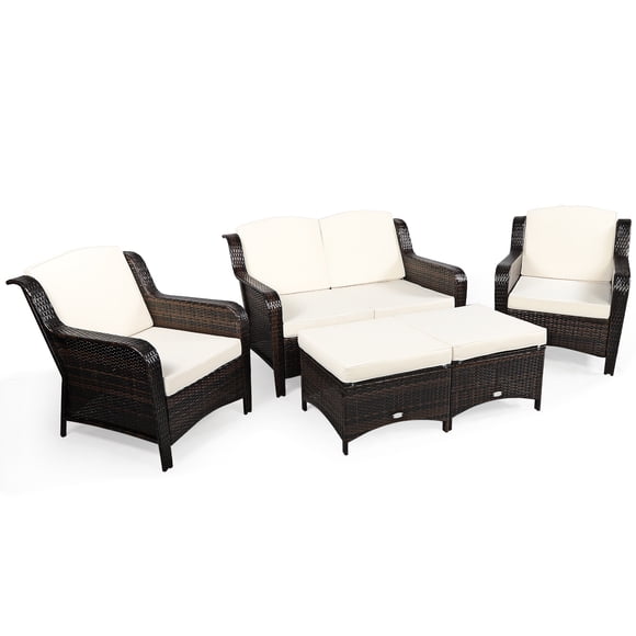 Patiojoy Ensemble de Canapé Sectionnel en Rotin pour Patio 5 Pcs, Ensemble de Mobilier d'Extérieur pour Causerie, Causeuse Rembourrée, Sofa, Ottoman, Blanc