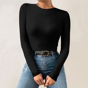 Bmisegm Femmes Décontracté Multicolore Basique Col Rond Couleur Unie Tricot Manches Longues Justaucorps Haut Vêtements d'Hiver pour Femmes Noir Taille Unique