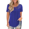 thumbnail image 1 of MRULIC T-Shirts pour Femmes Mode Dentelle Unie Col Rond Manches Courtes T-Shirt Blouse Hauts T-Shirts Femmes Bleu + 4TG, 1 of 3