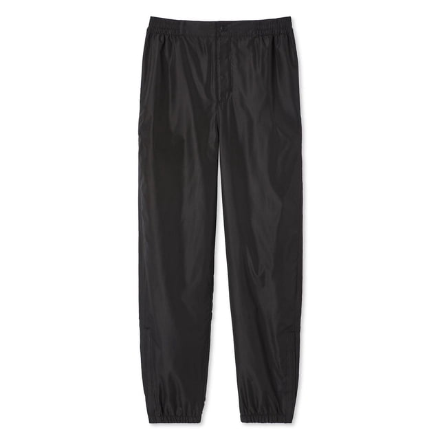 George Boys' Adaptive Splash Pant in black featuring an elasticized waistband, snap-button and hook and loop strap closures at the fly, two on-seam pockets, and elasticized cuffs with hook and loop straps, made of water-repellent pongee fabric designed for layering over other bottoms on rainy days.