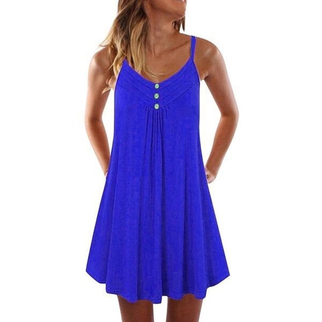 MAWCLOS Robe d'Été Évasée pour Femme, Ligne A, Boutonnée, à Bretelles, Robe Nuisette Plissée Courte Mini, Ample, de Travail, à Bretelles Spaghetti, Bleu Paon, 4TG
