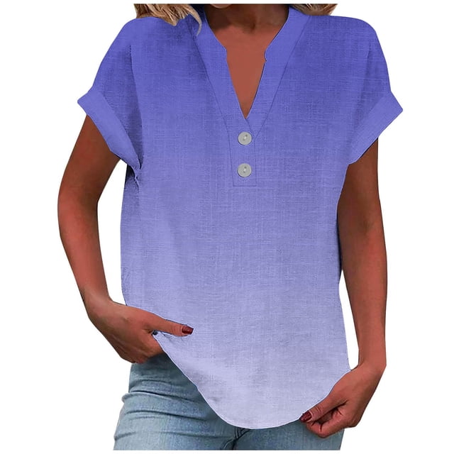 fatyb Womens Printed V Neck Tops Short Sleeve Button V Neck Tshirts Lightweight Summer Beach Blouses