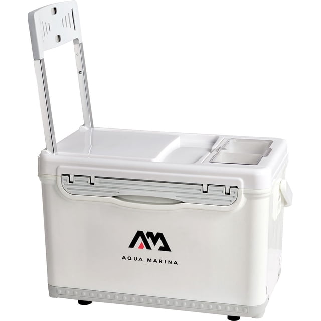 Aqua Marina 2-in-1 iSUP Fishing Cooler in white with 30 Qt capacity, hard-sided ABS/PP outer case, EPS foam insulation keeping ice frozen up to 8 hours, high-back seat with EVA soft pad, integrated bait and string trays, and carry handle, compatible with Drift inflatable fishing iSUP.