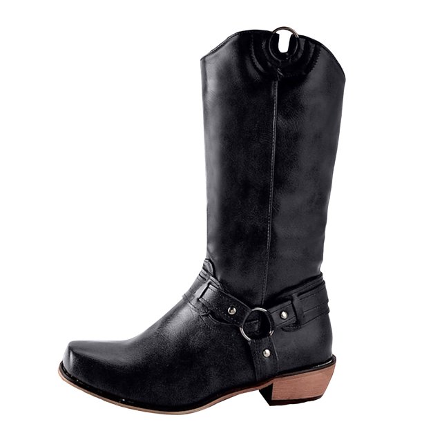 Womens Cowboy Motorcycle Riding Boots Winter Fall Leather Square Toe Wide Mid Calf Western Cowgirl Booties