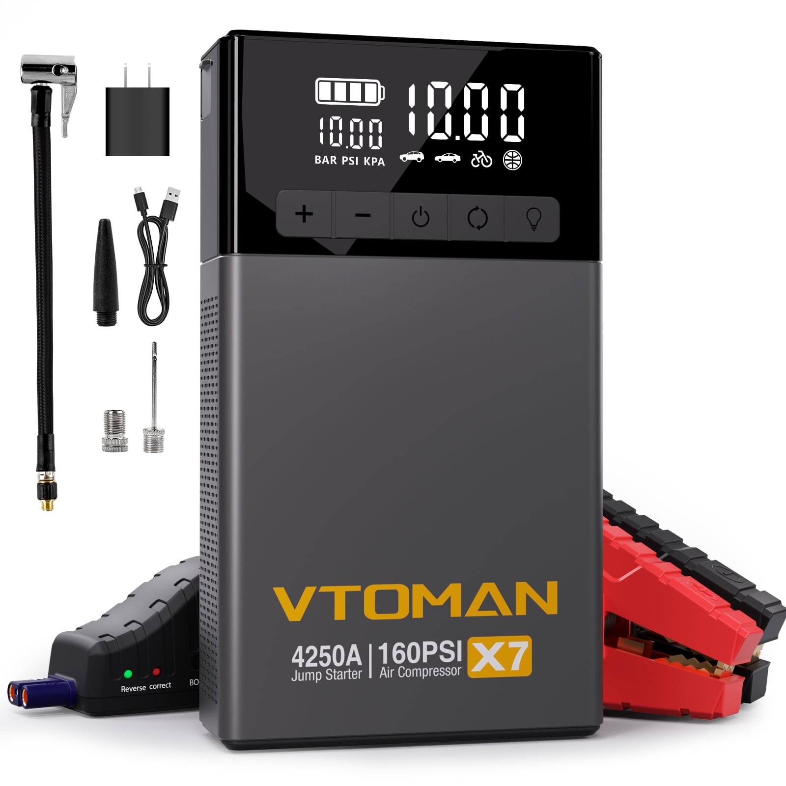 VTOMAN X7 4250A Car Jump Starter with Air Compressor,12V Lithium Battery Booster(Up to 10L Gas/10L Diesel) with LED Screen, 160PSI Tire Inflator
