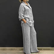 Women Summer 2 Piece Outfits Long Sleeve Top Wide Leg Pants Jumpsuits Matching Beach Sets Pajama Gram Pajama Womens Pajamas Shorts Petite Pajama Bottoms Shorts And Top Pajamas Light Pajamas for Women