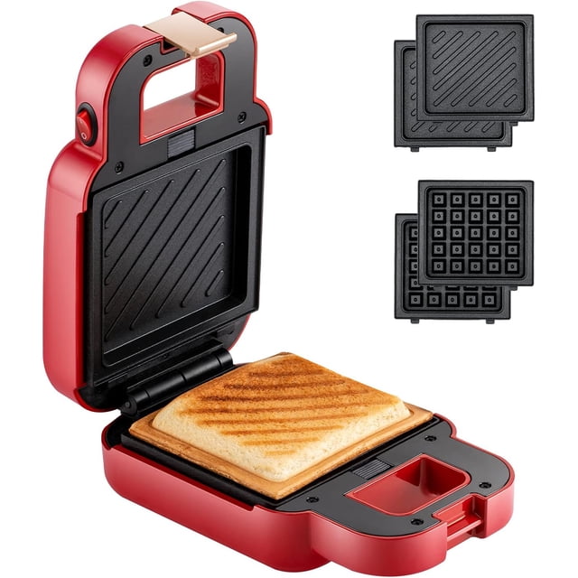 Hweilai Mini Sandwich Maker, Portable 2 in 1 Waffle Maker Panini Press Grill (Red)
