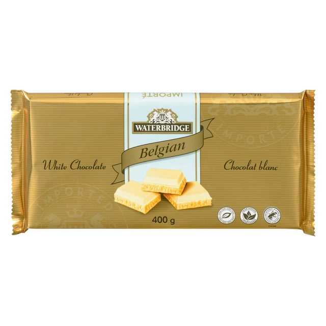 Waterbridge Belgian White Chocolate 400g chocolate bar in gold and white packaging featuring three stacked creamy white chocolate pieces, kosher, halal, non-GMO, and vegetarian certified, suitable for snacking or baking.
