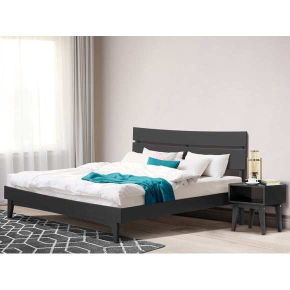 Acacia Lit Plateforme en Bois Massif Aurora avec Tête de Lit Haute, Ensemble de Meubles de Chambre Lit Très Grand avec Table de Nuit, Tête de Lit Haute Assemblage Rapide et Facile Fonctionne avec une Variété de Matelas, Noir