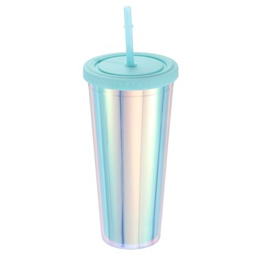 Unique Bargains Acrylic Tumbler with Lid and Straw 24 Oz Insulated Double Wall Cups Iridescent Travel Tumblers for Parties, Blue