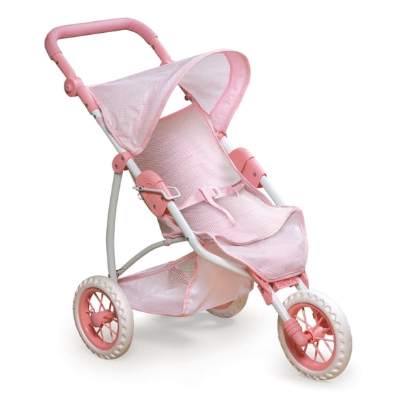 Badger Basket Foldable Jogging Style Doll Stroller - Adjustable Handle, Canopy, Straps & Basket - Fits 18-22" Dolls, Lightweight Toy for Girls Ages 3+ - Pink Gingham