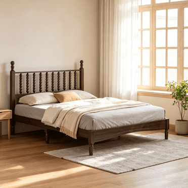 Homy Casa lit plateforme Queen en bois noyer avec tête en forme de gourde, 10 lattes, sans sommier