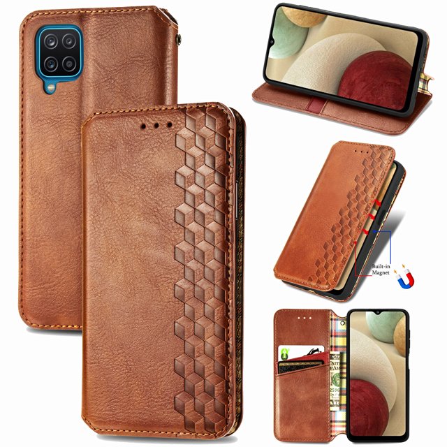 Case for Samsung Galaxy A12 Flip Cover Wallet Flip Cover Magnetic Protective - Marron