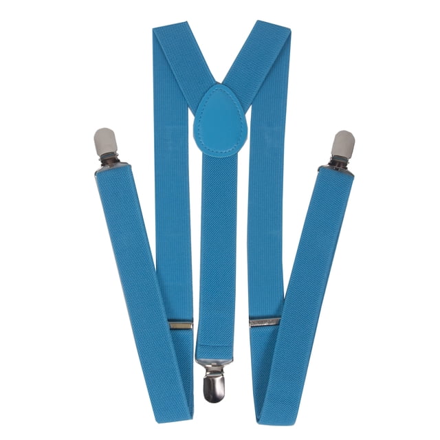 Men's 1 Inch Wide Solid Adjustable Suspenders in blue by Gravity Threads. These clip-on suspenders feature a 1-inch width and a Y-back design with metal clips for secure attachment. Suitable for formal or casual wear.