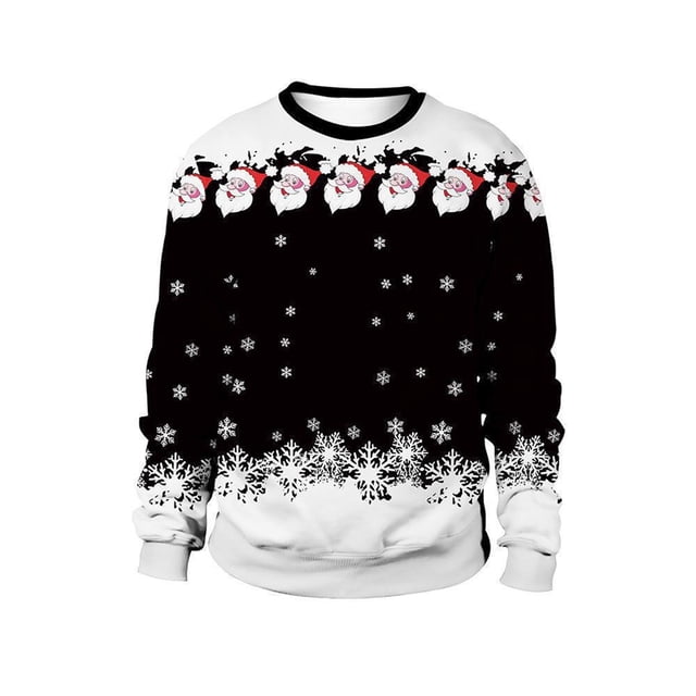 Chandail à Manches Longues Décontracté pour Homme Imprimé 3D avec Motif Festif, Visages du Père Noël et Flocons de Neige sur Fond Noir et Blanc. Fabriqué en polyester Doux et Respirant, Ce Chandail Sans Capuche Comprend une Encolure à Cordon et une Poche avant pour Plus de Praticité. Convient à Toutes les Saisons et à Diverses occasions, Offre une Coupe Confortable et Est Lavable à la machine pour un Entretien Facile.