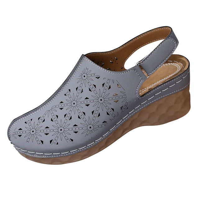 WLOELOEW Hollow Out Platform Sandals For Women In Gray Wedge Heel Pu Material Foot Length 10.24 Inches Us Size 9