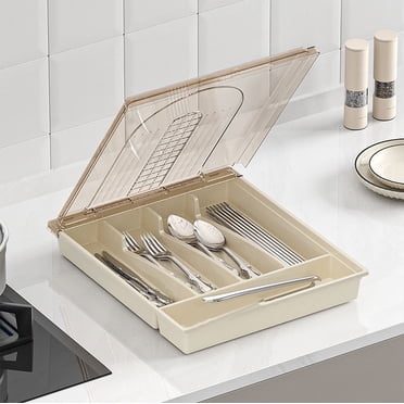 YIMWNYI Cutlery Organizer With Lid, Kitchen Utensil Storage, Table Top Cutlery Tray, Outdoor Cutlery Accessory, Compartmentalized Design, Durable Green Material, Kitchen Drawer Organizer