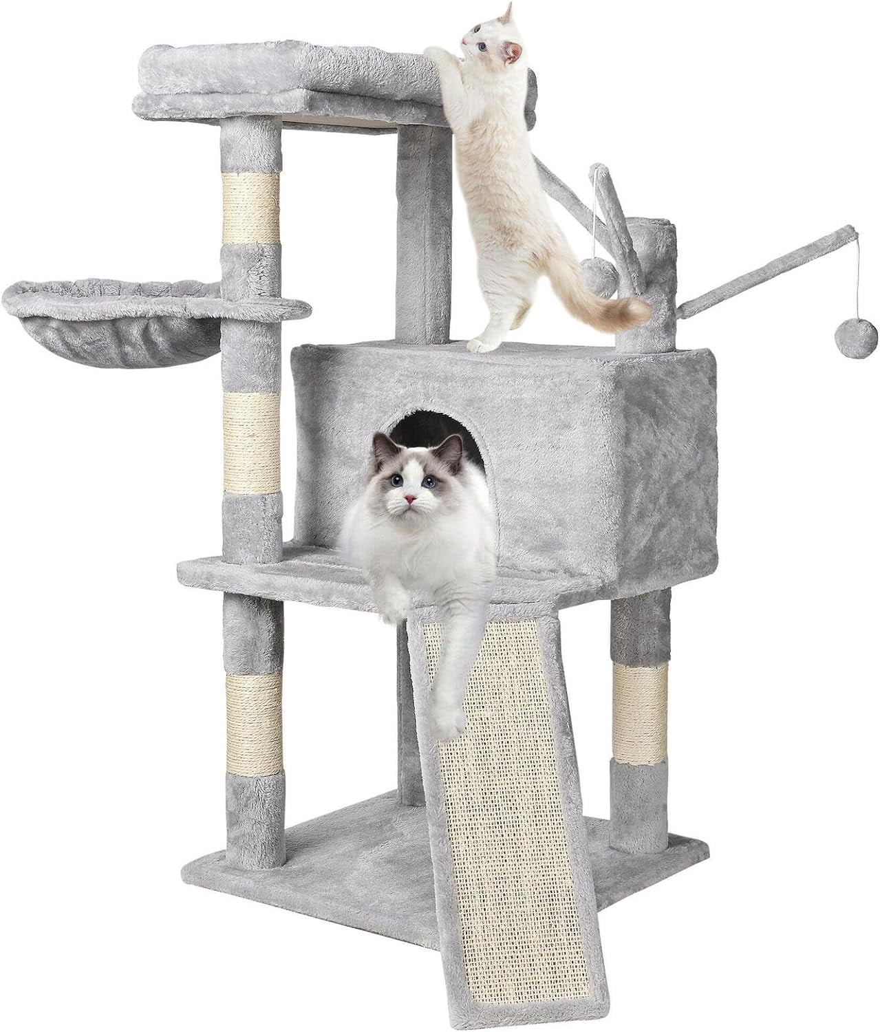 38 Inch Cat Tree, Cat Tower Condo, Cat House Furniture with Hammock and a Large Sisal Scratching Board, Grey