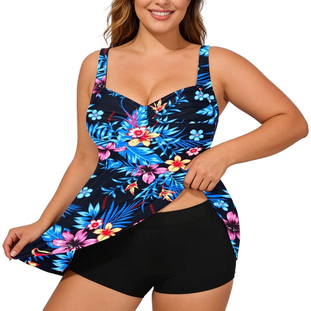 Riforla Swimsuits for Women Plus Size Tankini Swim Top with Supportive Underwire Adjustable Straps Print or Solid Color Swimming Suits for Women Blue1 XXXXL