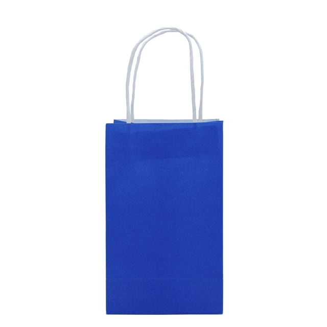 10pk blue paper bag with white rope handles measuring 5.1 inches wide, 3.15 inches deep, and 12.4 inches high, designed for party favors and treats, suitable for celebrations and gift packaging.