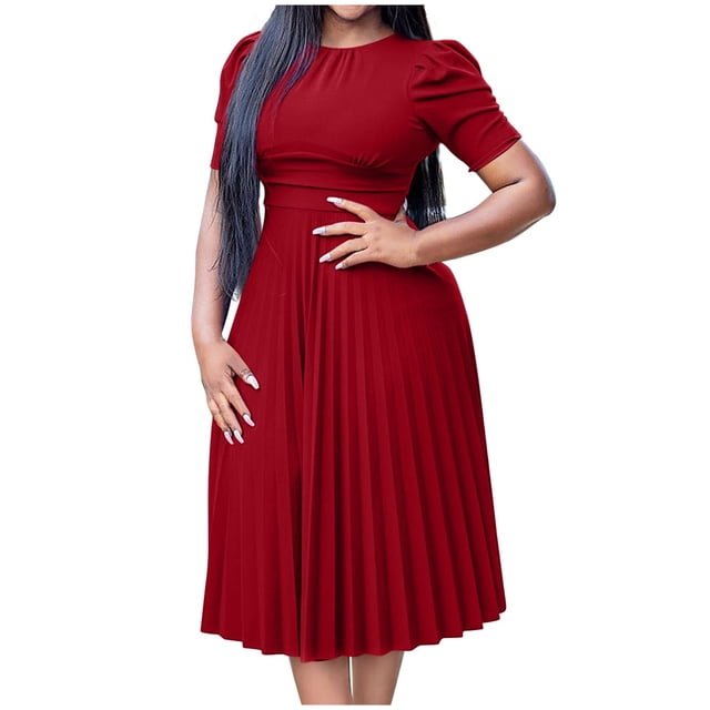 LOVZFMLL Robe d'Été pour Femme Grande Taille2025 Décontractée à Manches Courtes Taille Empire Coupe Ample Évasée Plissée Maxi Robe T-Shirt Bordeaux S