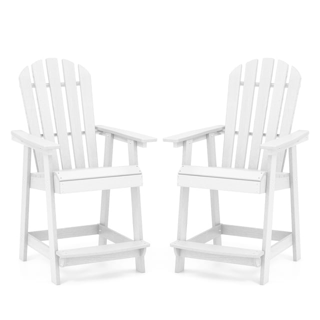 Costway 2 PCS Tall Bar Stool HDPE Patio Chair with Armrest Footrest in white. These weatherproof bar stools feature a slatted design, wide seat, reclining backrest, armrests, and footrests for enhanced comfort. Made from durable HDPE material with faux wood grain texture, they are ideal for patio seating, backyards, bars, and cafes. Each stool has outwardly extending support legs for stability and a weight capacity of 330 lbs.