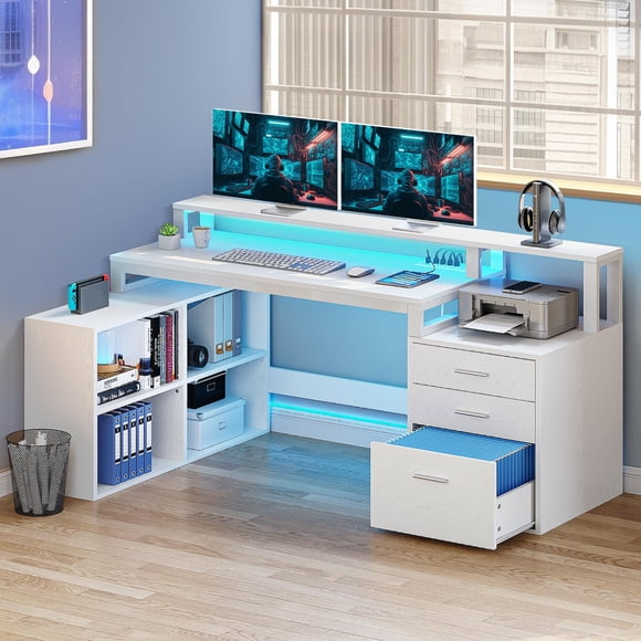 DEXTRUS Bureau en L de 65 Pouces, Blanc, Support pour Moniteur, Prises de Courant