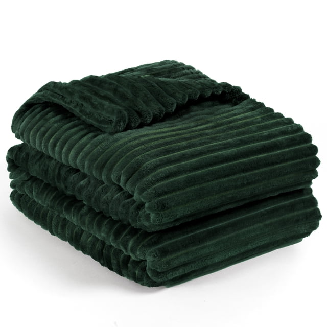 PAVILIA Super Soft Fleece Throw Blanket Twin Emerald Green, a decorative throw with a plush ribbed texture and striped design. This lightweight flannel blanket measures 60x80 inches, perfect for adding warmth and style to a sofa, couch, or bed. Made from 270GSM microfiber polyester, it is soft, cozy, and suitable for all-season use.