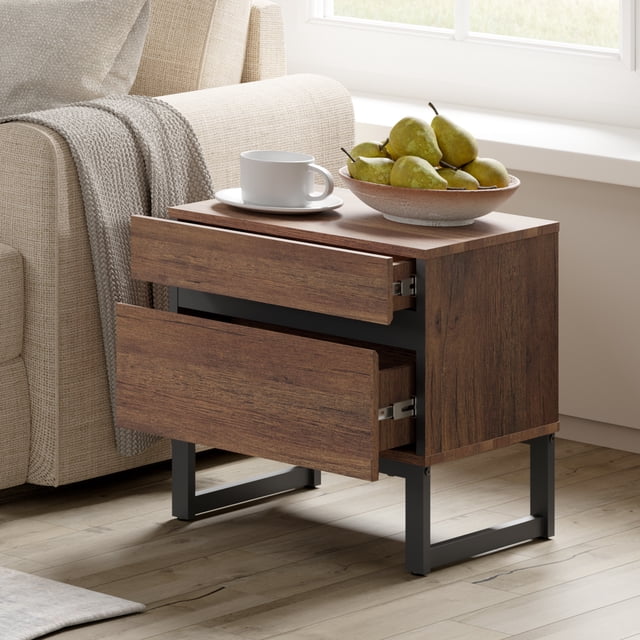 WAMPAT Modern End Table, 2 Drawers, Small Space Side Table, Wooden Nightstand, Bedside Storage for Living Room, Bedroom, Rustic Brown