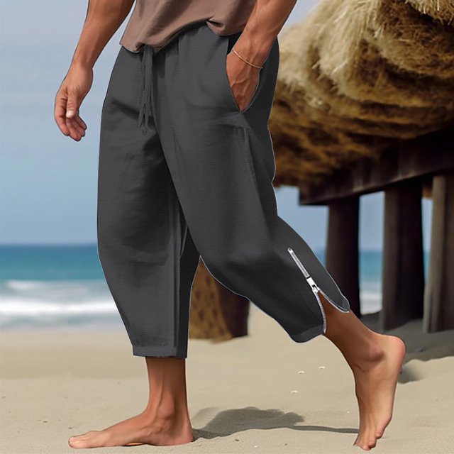 Mens Pants Mens Casual Solid Cropped Pants Drawstring Waist Side Zipper Athletic Gym With Pocket