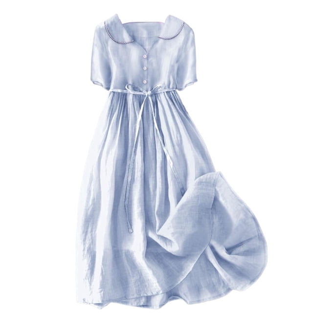 WTXUE Robes pour Femmes 2024, Robe Décontractée Rétro en Coton et Lin Uni à Boutons et Col en V pour Femme, Robe en Lin, Robe Bleue Femme (3# Bleu TG)