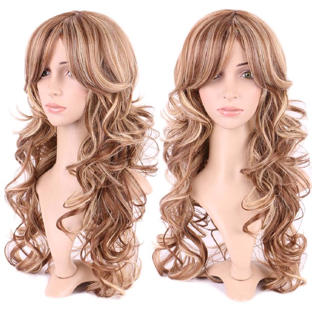 Perruque Longue Synthétique Bouclée avec Frange Cheveux Courts Perruques Résistantes à la Chaleur Perruque Complète Tête Complète pour Femmes Blond Mèches