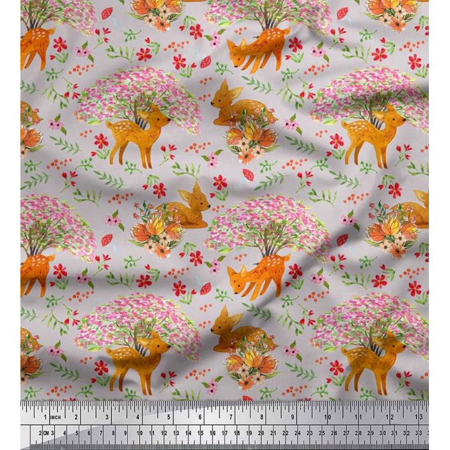 Soimoi Rayon Fabric Tree,Floral & Deer Animal Print Fabric by Yard 56 Inch Wide