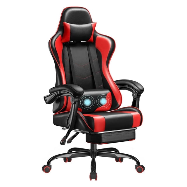 Achilles Hero Elite Pro Gaming Chair, Computer Chair with Footrest and Lumbar Support, Height Adjustable Gaming Chair with 360°-Swivel Seat and Headrest, Red front-facing studio view of a red PU-leather gaming chair with ergonomic support, adjustable headrest, visible retractable footrest and vibrating lumbar massage lumbar pillow; padded armrests, height-adjustable gas lift and five-star metal wheelbase, suitable for long gaming or study sessions.