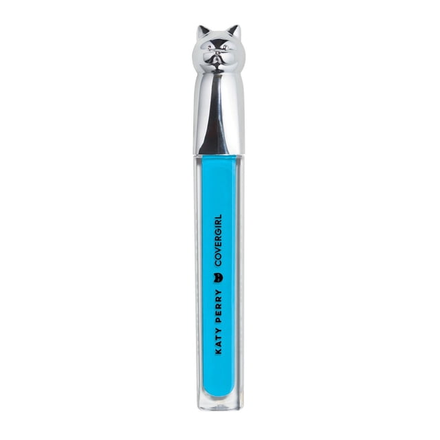 COVERGIRL Katy Kat Gloss lip gloss in a clear rectangular tube with bright blue pigment and a shiny silver cat-shaped cap, labeled 'Katy Perry COVERGIRL,' providing full-coverage, intensely pigmented lip color with a soft shine and moisturizing, non-sticky formula, often used to add a dazzling 3-D glitter effect.