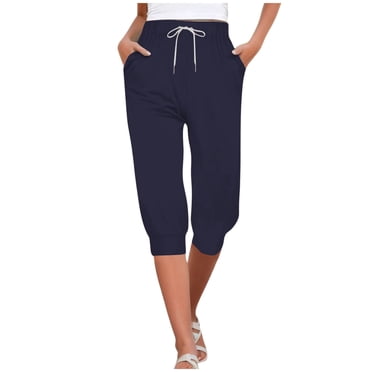 Bmisegm Capris for Women Casual Solid Color Print Pants High Waist Bottom Drawstring Joggers Pants for Women Navy XXL