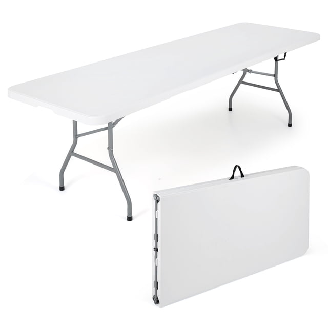 Costway Table Pliante Portable de 8 Pi avec Plateau en HDPE, Mécanisme de Verrouillage Sécuritaire, Poignée de Transport, Vue avant Centrée Blanche d'Une Table Pliante Blanche de 8 x 2,5 Pi (2,44 x 0,76 m) avec Centre Légèrement Surélevé, surface en HDPE Texturée et Résistante aux Intempéries et Dessous en Nid d'Abeilles, Pattes en Métal Renforcées avec Patins Antidérapants, Verrous de Sécurité Visibles et Poignée de Transport; Utilisée Souvent pour les Pique-Niques, le camping Ou comme Poste de Travail Temporaire pour Artisanat/vendeur